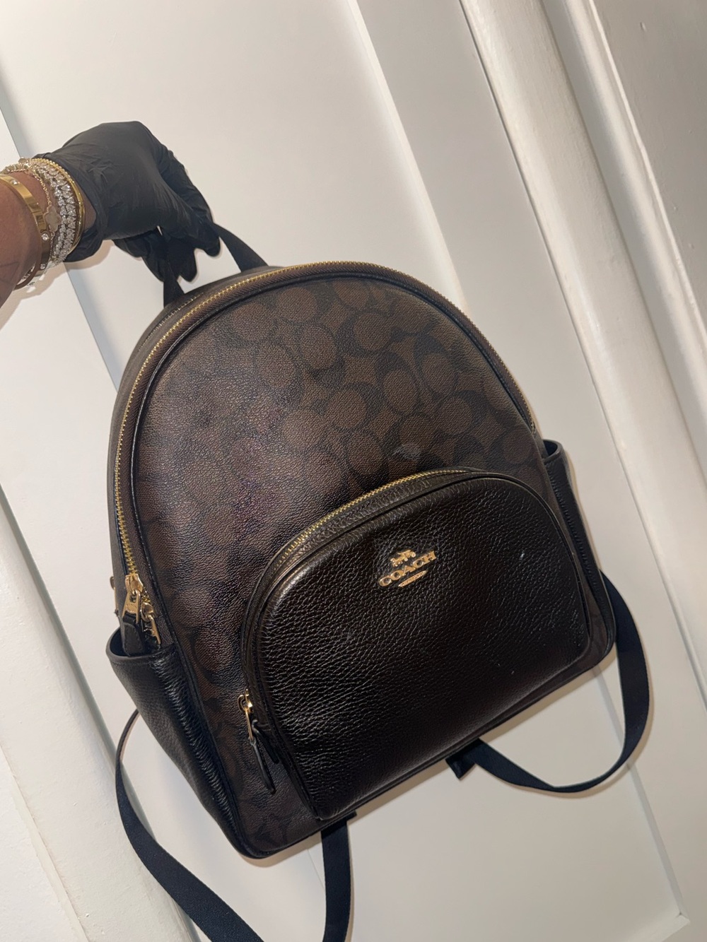 Coach Court Backpack Signature Canvas Brown Black Leather Gold Hardware